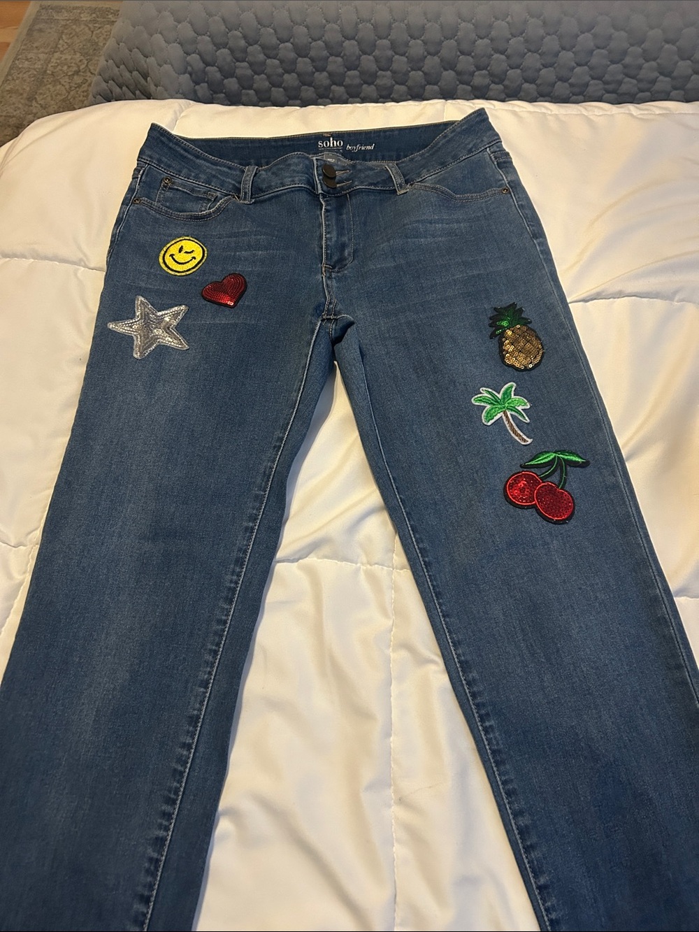 Soho Blue Jeans with Colorful Patch Appliqués